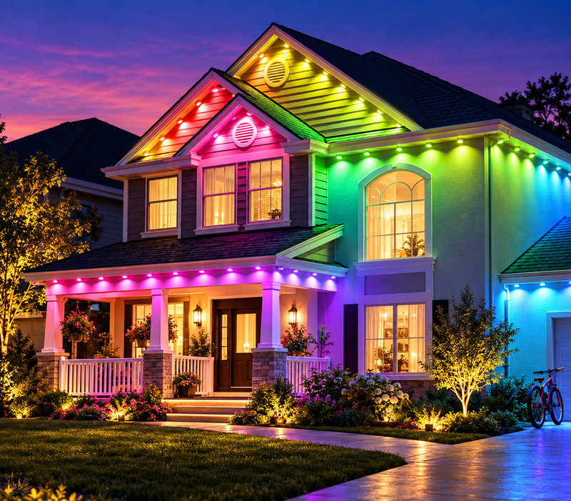 Home at dusk with Govee permanent outdoor lights in rainbow colors along the roofline and porch