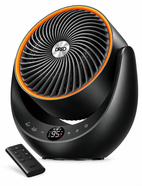 DREO 1500W 3D oscillating ceramic heater, front view with remote