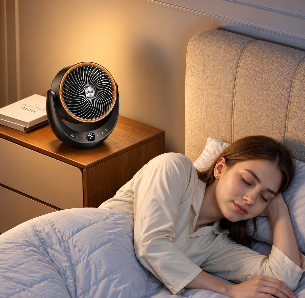 DREO portable heater on a bedroom nightstand