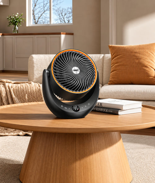 DREO portable heater on a coffee table in a living room